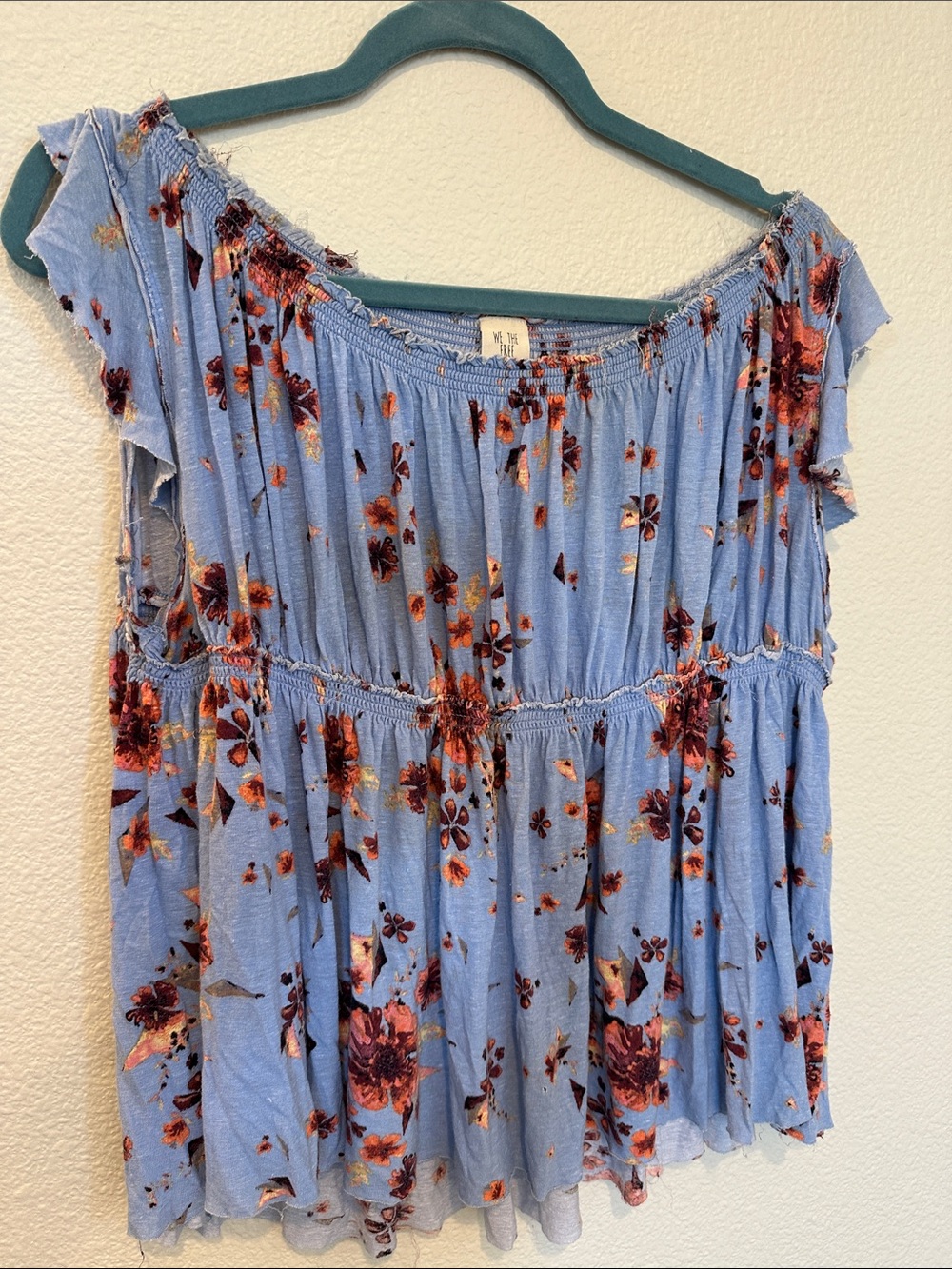 Free People Blue Floral Smocked Top Medium Boho Flowy Off Shoulder Cottagecore